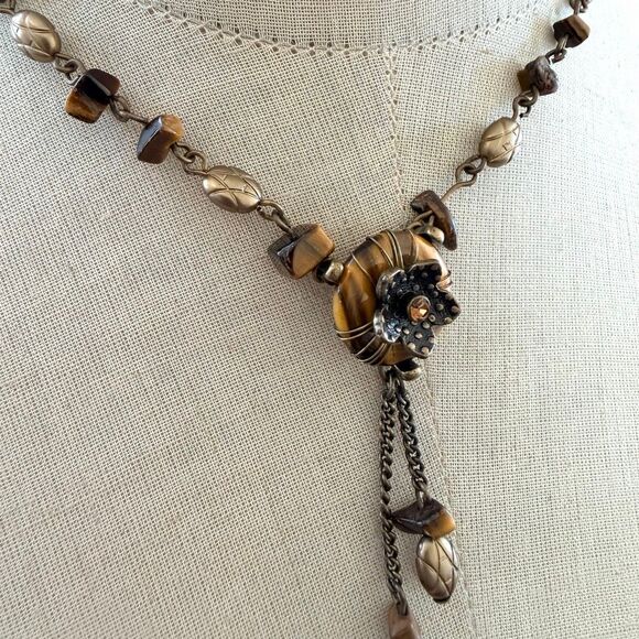 Avon Tiger’s Eye Y-Necklace Wire Wrapped Floral Drop - Picture 6 of 9